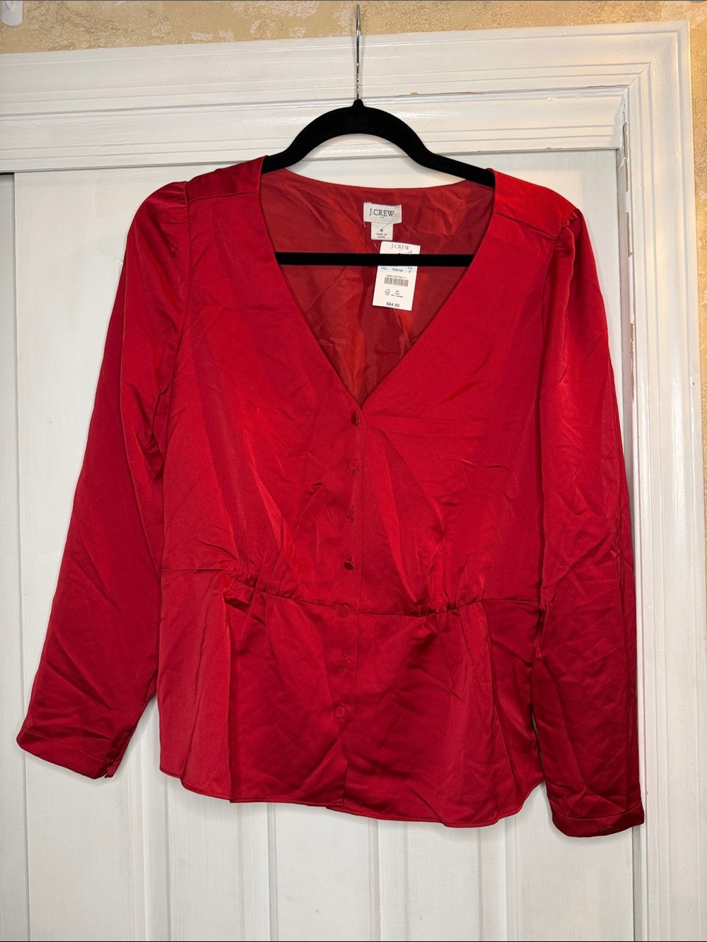 J. Crew Red V-Neck Button Peplum Blouse
